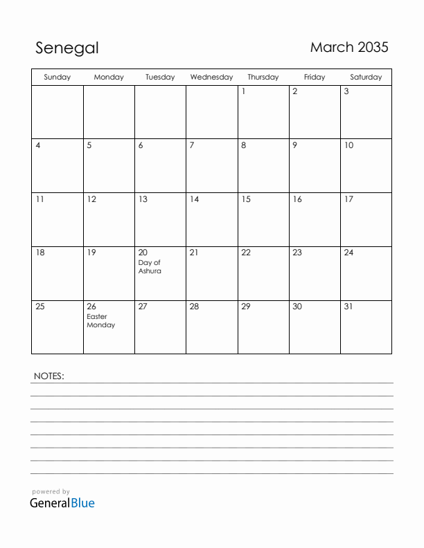 March 2035 Senegal Calendar with Holidays (Sunday Start)