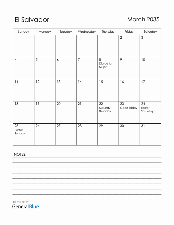 March 2035 El Salvador Calendar with Holidays (Sunday Start)