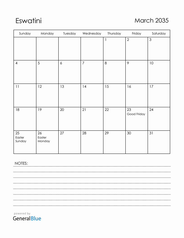 March 2035 Eswatini Calendar with Holidays (Sunday Start)