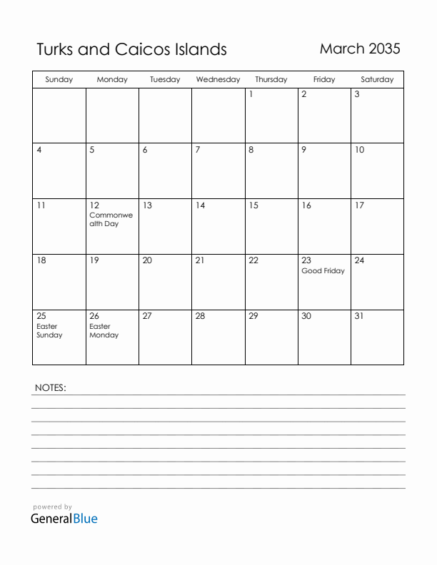 March 2035 Turks and Caicos Islands Calendar with Holidays (Sunday Start)