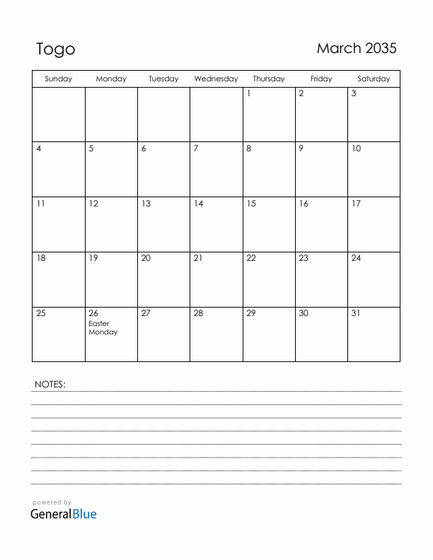 March 2035 Togo Calendar with Holidays (Sunday Start)