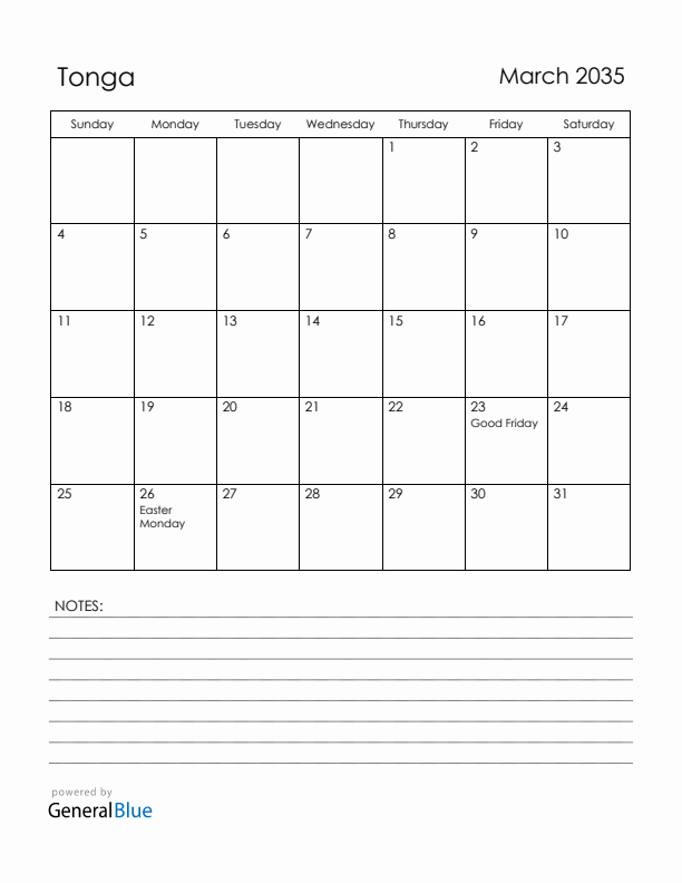 March 2035 Tonga Calendar with Holidays (Sunday Start)