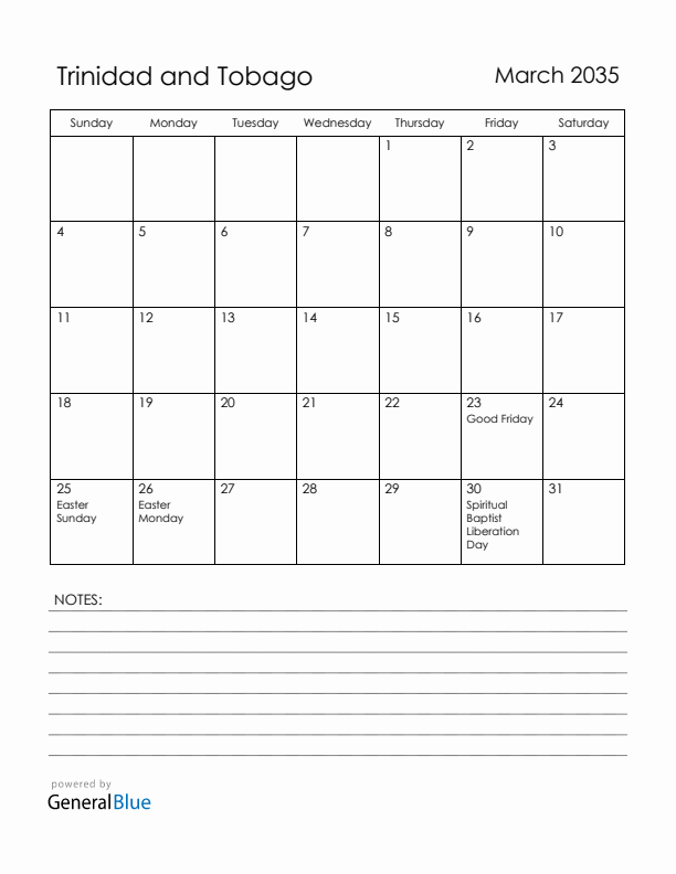 March 2035 Trinidad and Tobago Calendar with Holidays (Sunday Start)