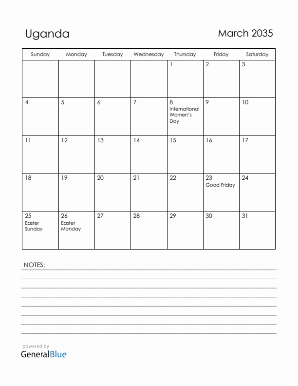 March 2035 Uganda Calendar with Holidays (Sunday Start)