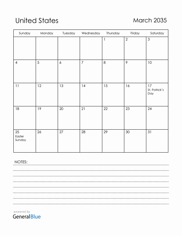March 2035 United States Calendar with Holidays (Sunday Start)