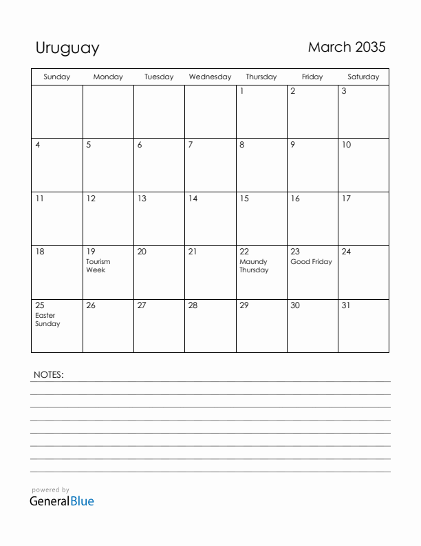 March 2035 Uruguay Calendar with Holidays (Sunday Start)
