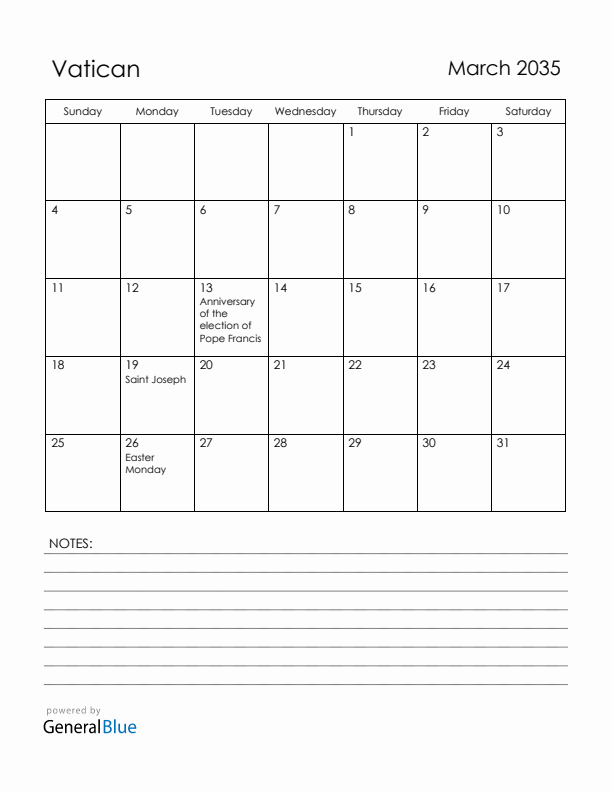 March 2035 Vatican Calendar with Holidays (Sunday Start)