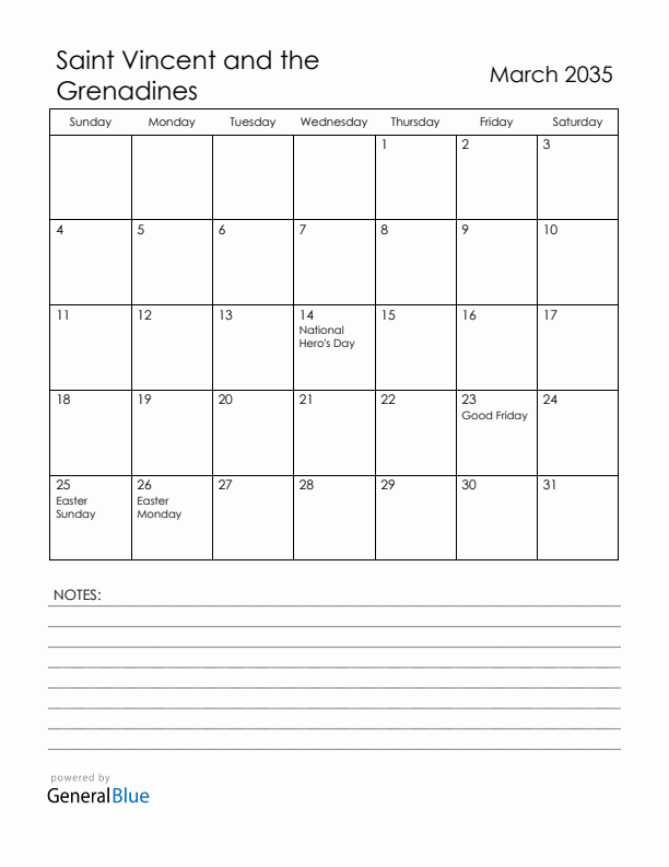 March 2035 Saint Vincent and the Grenadines Calendar with Holidays (Sunday Start)