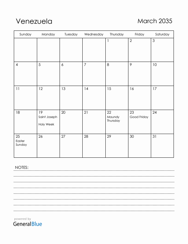 March 2035 Venezuela Calendar with Holidays (Sunday Start)