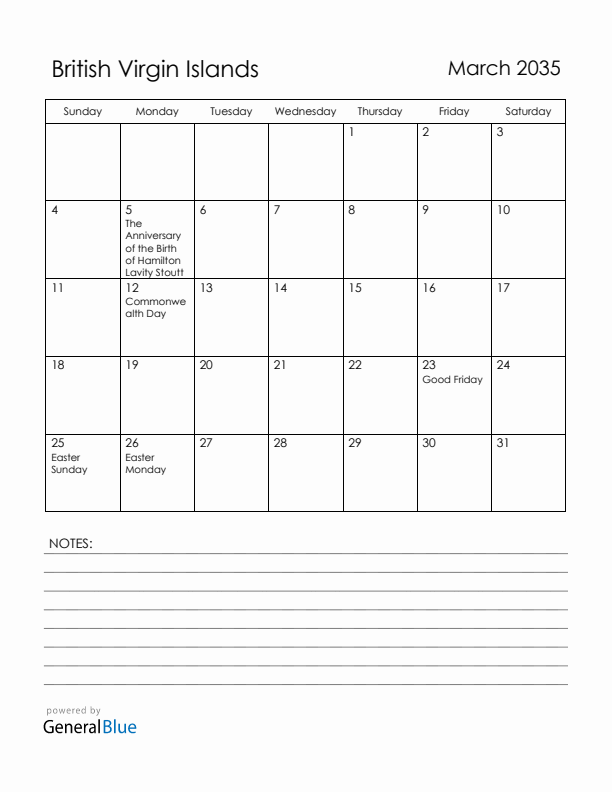 March 2035 British Virgin Islands Calendar with Holidays (Sunday Start)