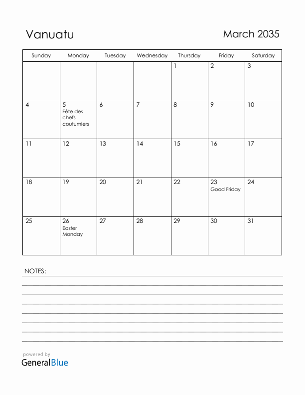 March 2035 Vanuatu Calendar with Holidays (Sunday Start)