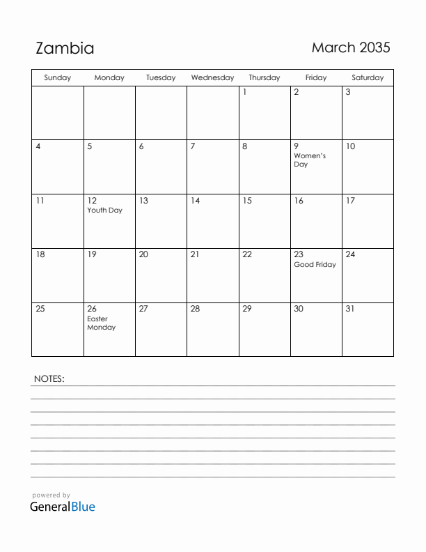 March 2035 Zambia Calendar with Holidays (Sunday Start)