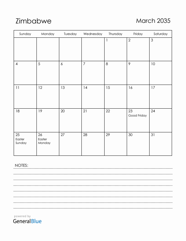 March 2035 Zimbabwe Calendar with Holidays (Sunday Start)