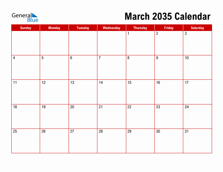 Simple Monthly Calendar - March 2035