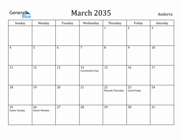 March 2035 Calendar Andorra