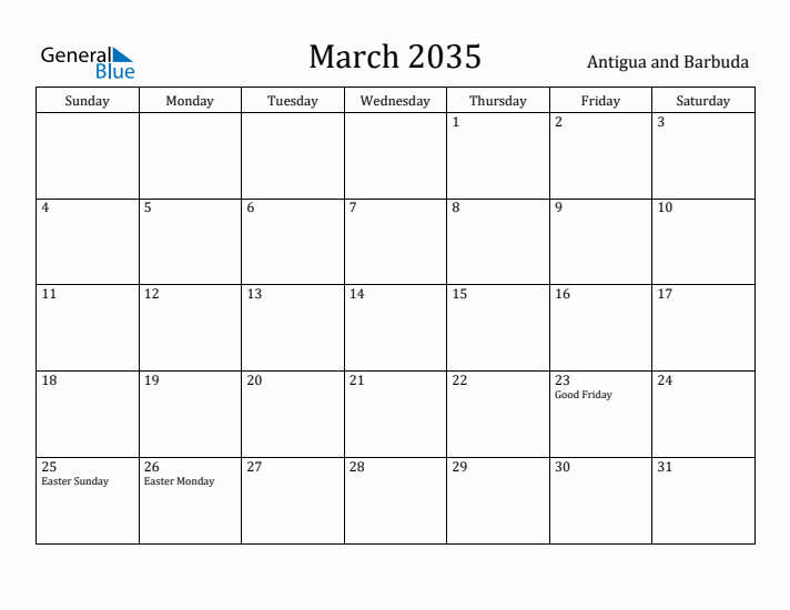 March 2035 Calendar Antigua and Barbuda