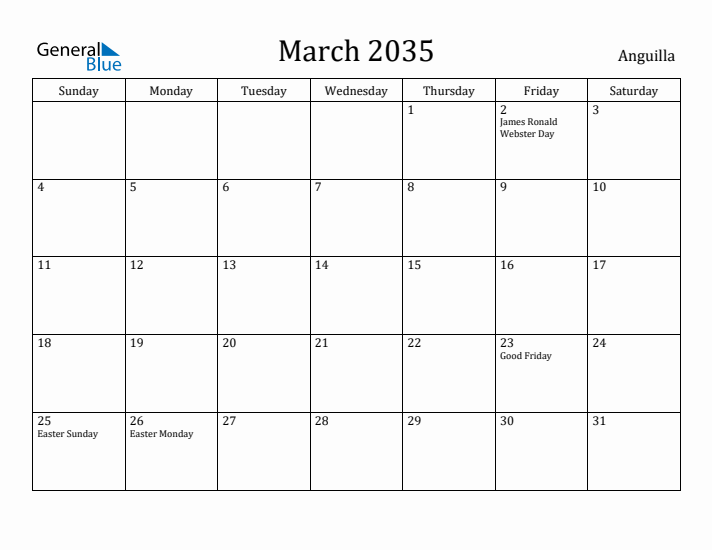 March 2035 Calendar Anguilla