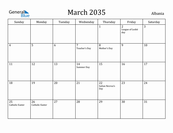 March 2035 Calendar Albania