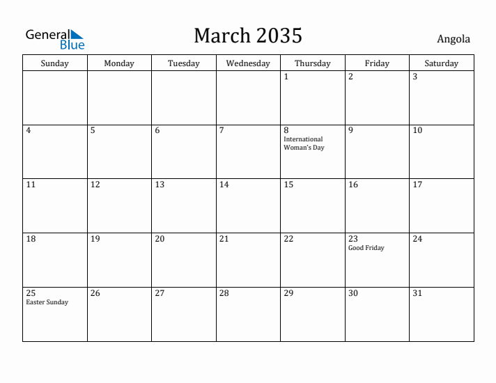 March 2035 Calendar Angola