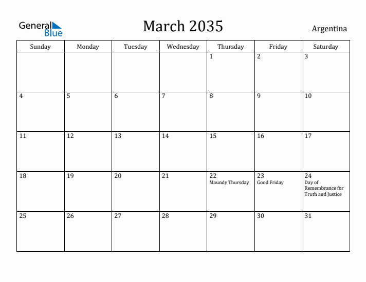 March 2035 Calendar Argentina
