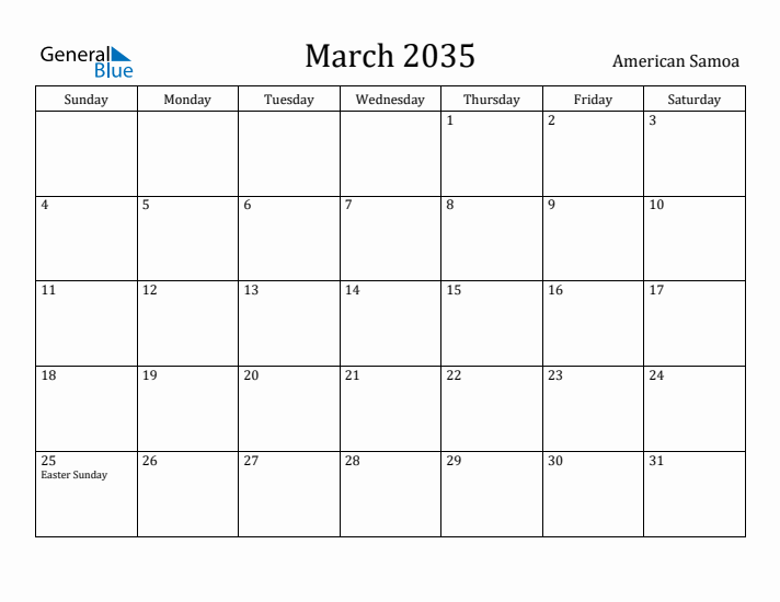 March 2035 Calendar American Samoa
