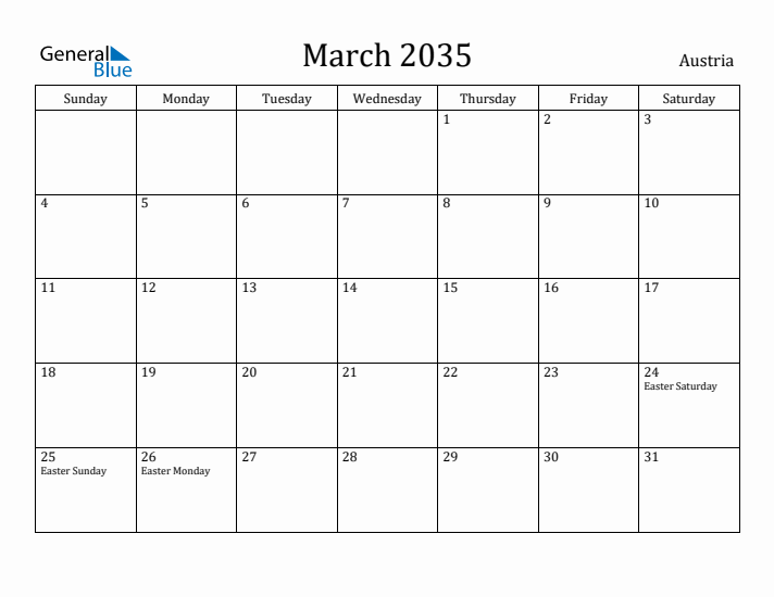 March 2035 Calendar Austria