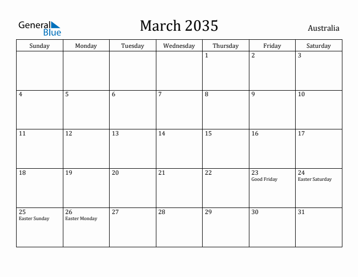 March 2035 Calendar Australia