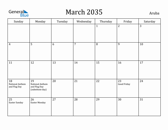 March 2035 Calendar Aruba