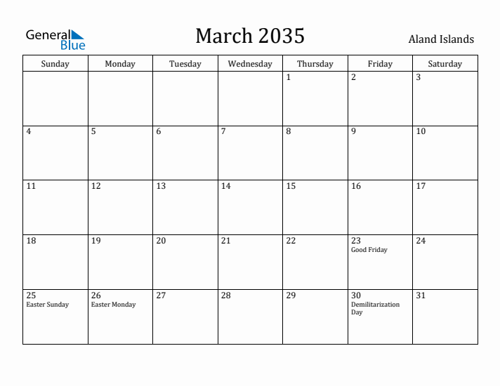March 2035 Calendar Aland Islands