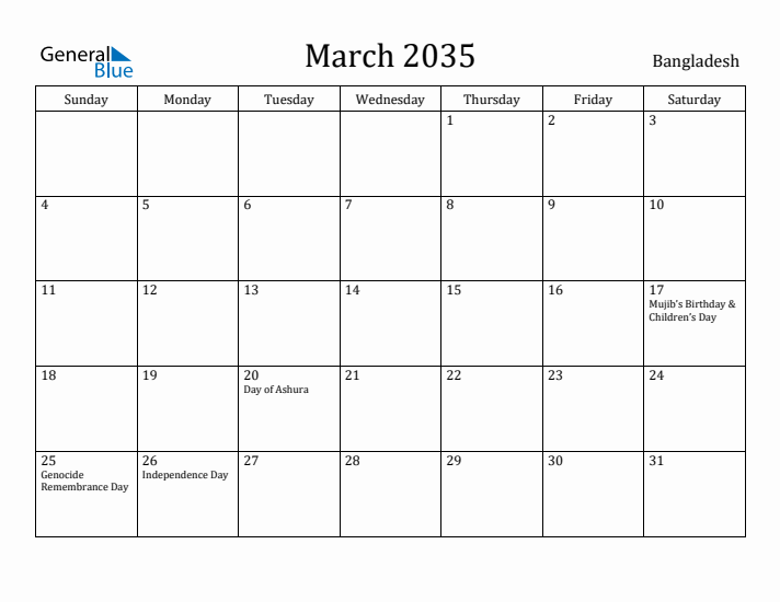 March 2035 Calendar Bangladesh