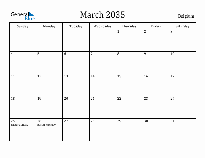 March 2035 Calendar Belgium