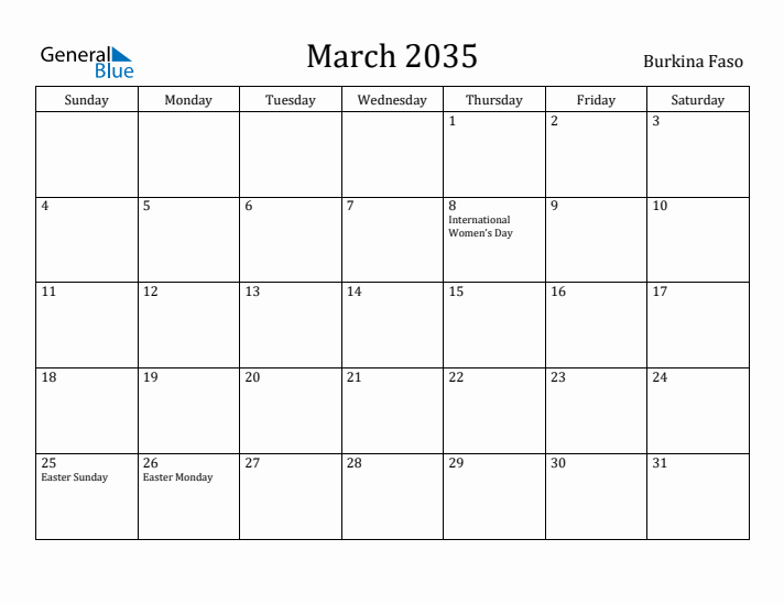 March 2035 Calendar Burkina Faso