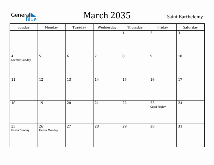 March 2035 Calendar Saint Barthelemy