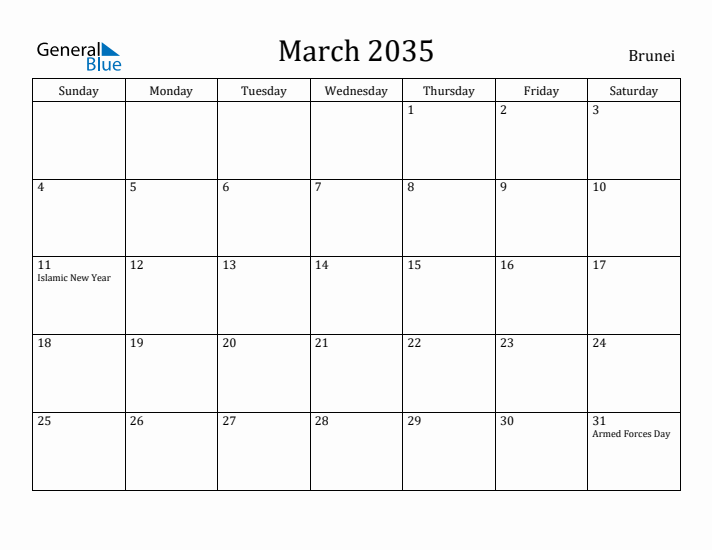 March 2035 Calendar Brunei