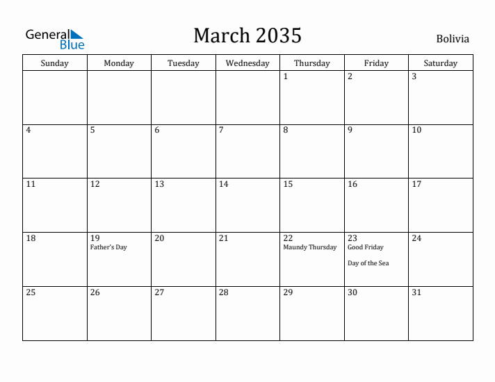 March 2035 Calendar Bolivia
