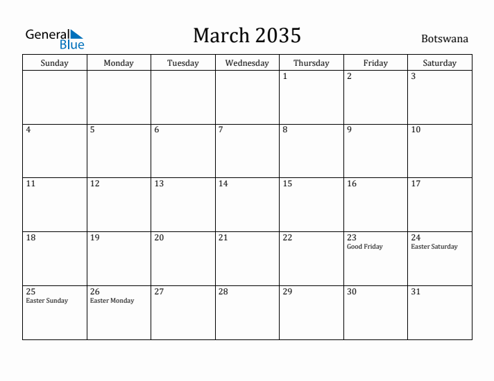 March 2035 Calendar Botswana