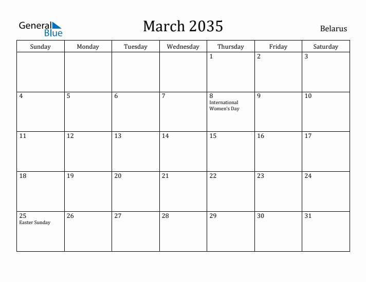 March 2035 Calendar Belarus