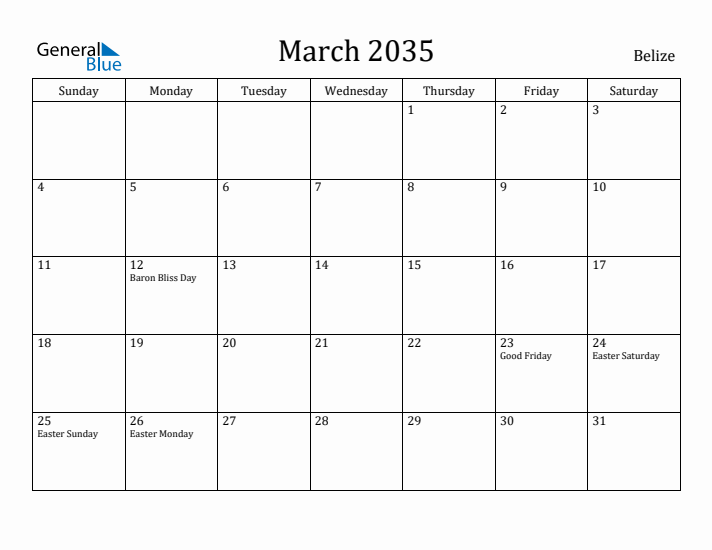 March 2035 Calendar Belize