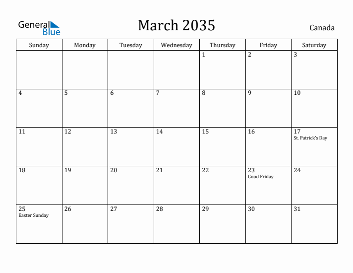 March 2035 Calendar Canada