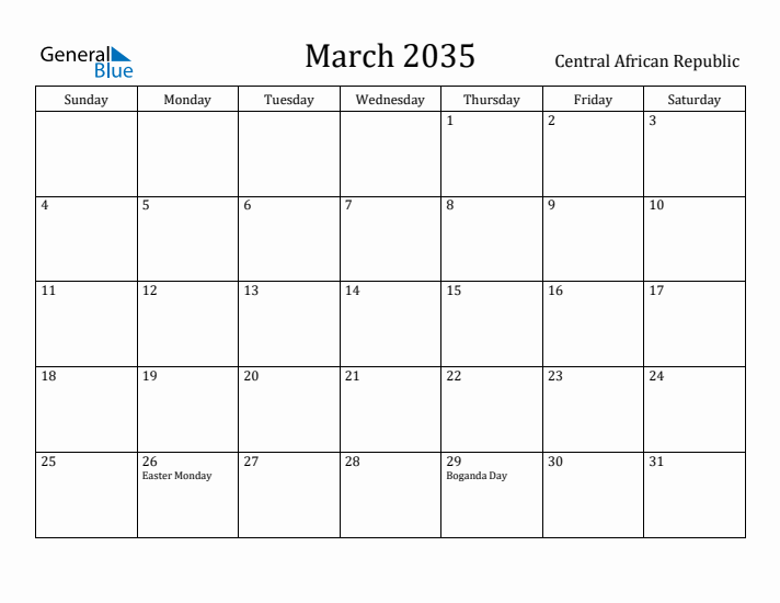 March 2035 Calendar Central African Republic