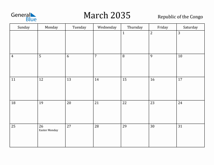 March 2035 Calendar Republic of the Congo
