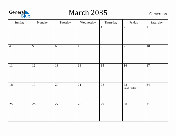 March 2035 Calendar Cameroon