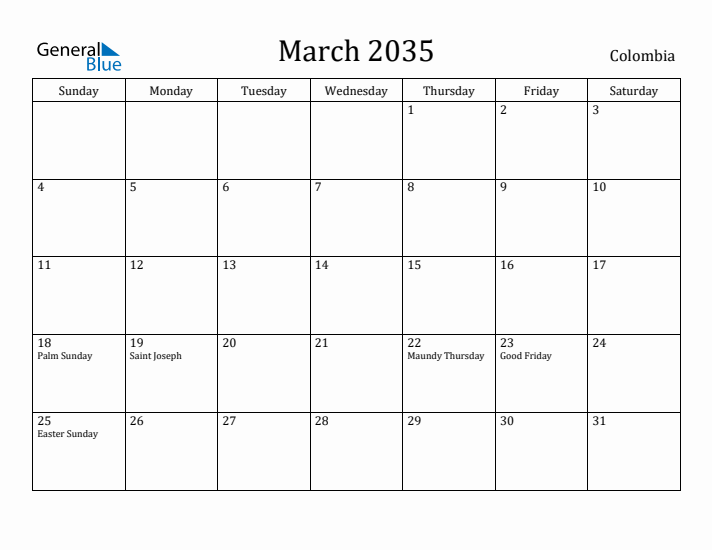 March 2035 Calendar Colombia