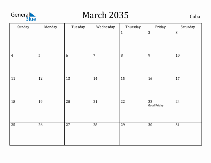 March 2035 Calendar Cuba
