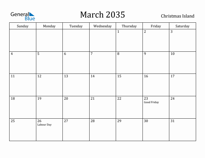 March 2035 Calendar Christmas Island