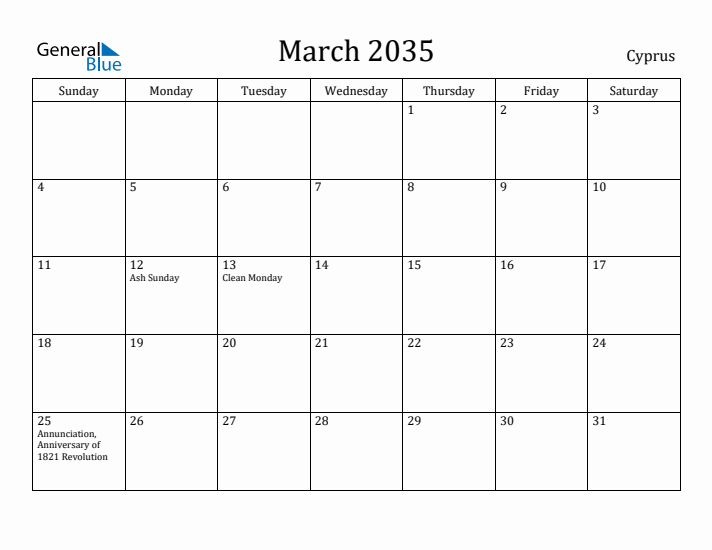 March 2035 Calendar Cyprus