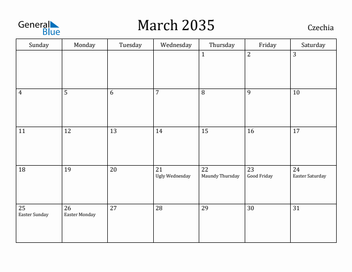 March 2035 Calendar Czechia