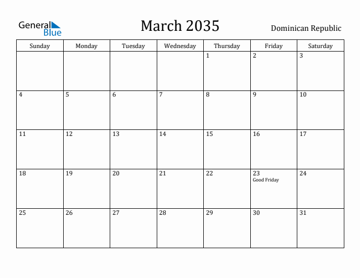 March 2035 Calendar Dominican Republic