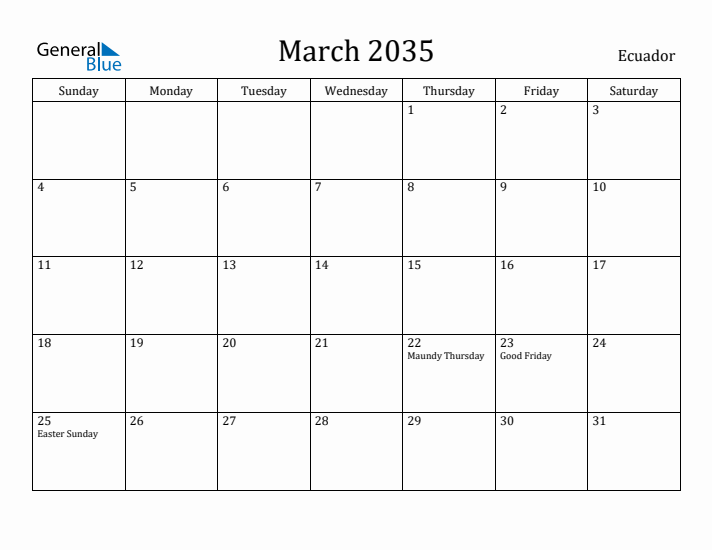 March 2035 Calendar Ecuador