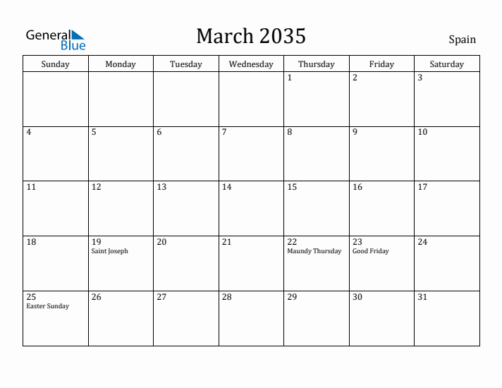 March 2035 Calendar Spain